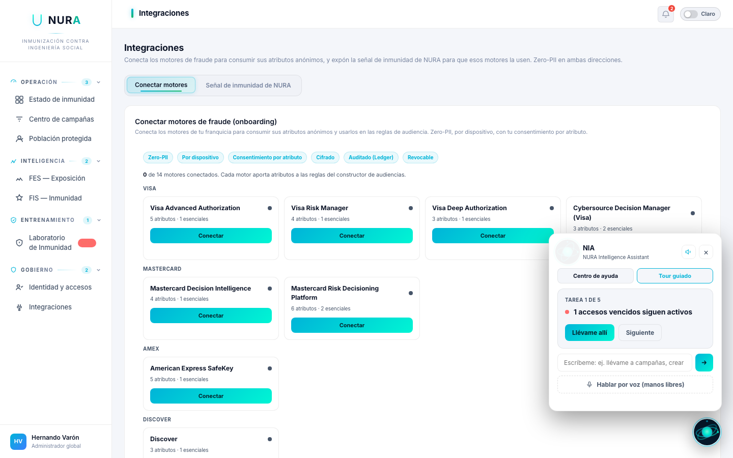 Pantalla de Integraciones de NURA: onboarding de motores de fraude con sellos Zero-PII